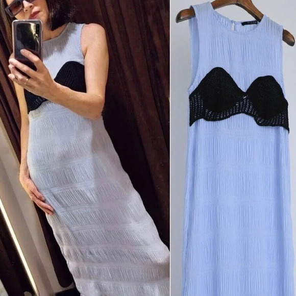 ZARA Grecian Crinkle Dress in Light Blue with Crochet Black S Blogger Fave - Picture 10 of 12